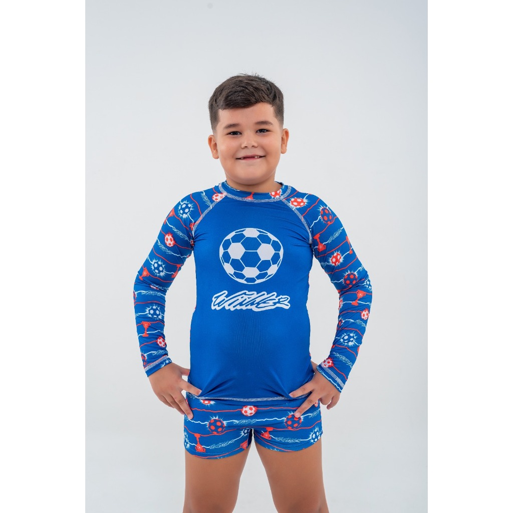 Conjunto Infantil Masculino com Proteção UV50+ Estampado Futebol Azul,roupa de banho, piscina,praia,banho