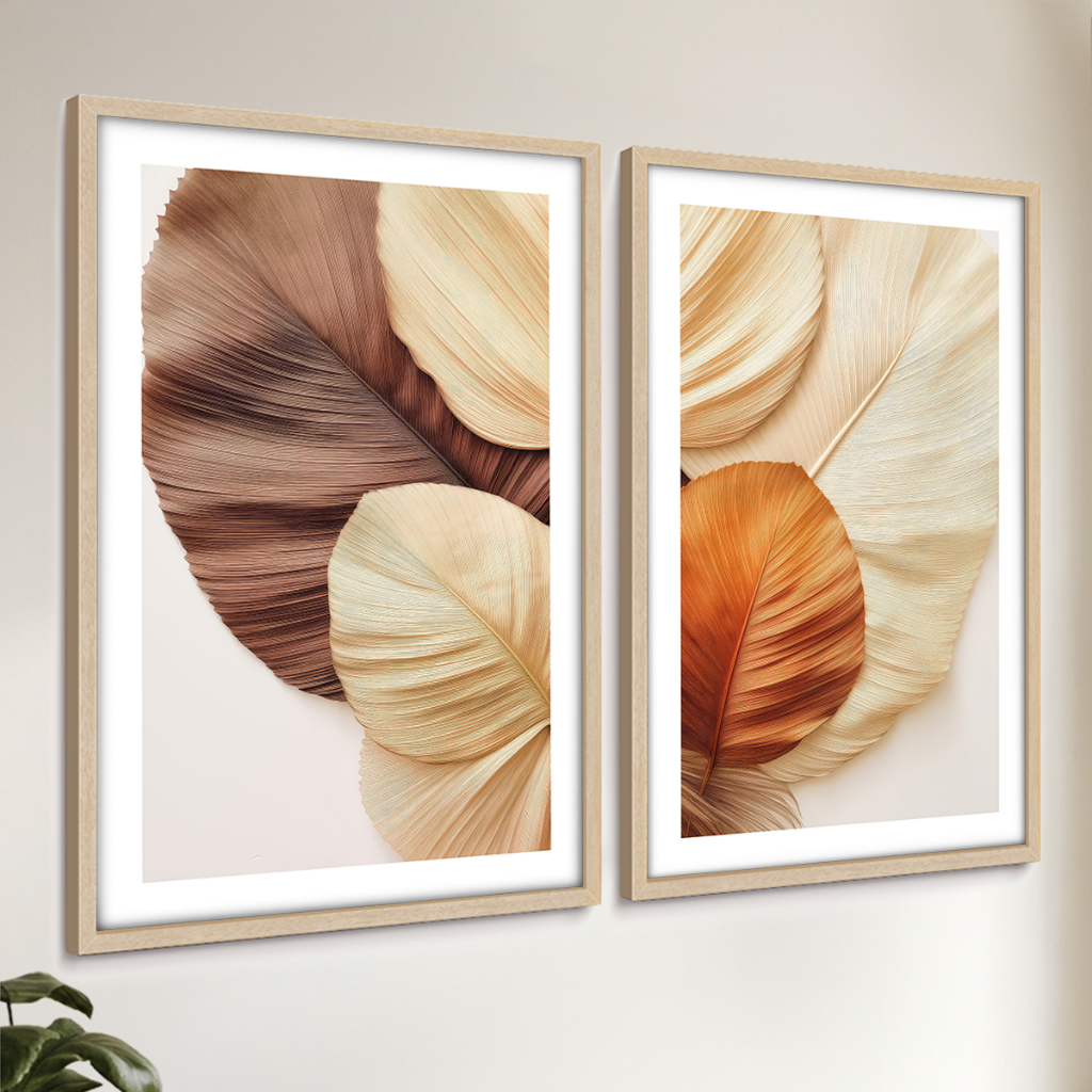Kit Duo Quadros Decorativos Moldura Sala Quartos Casal Escritório Folhas de Outono Laranja e Marrom