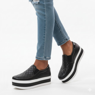 Tênis Feminino Flatform DK Shoes Matelasse  Preto Verniz Ana Bela Plataforma