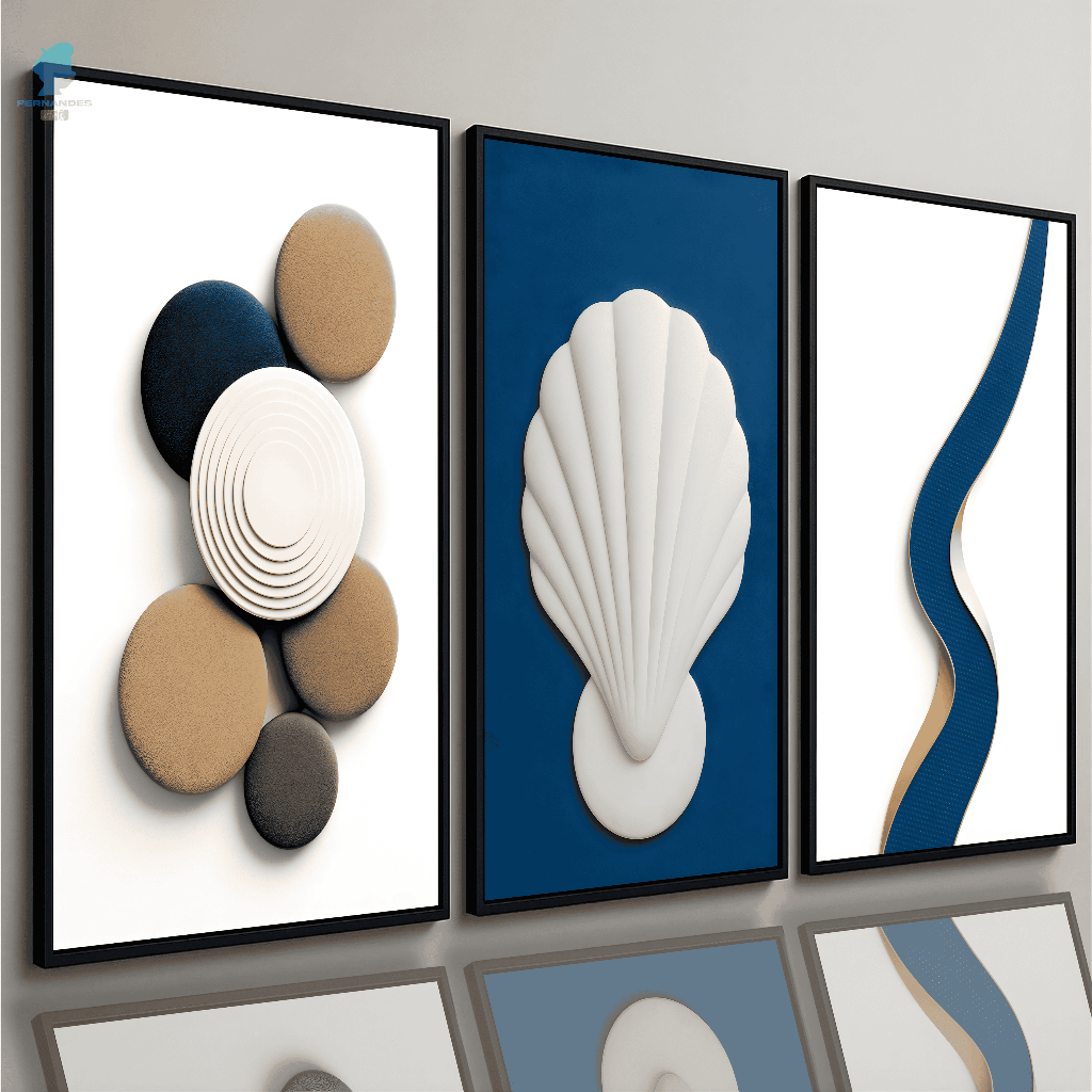 Quadros Decorativos Trio Formas Geométricas Azul e Branco Abstrato Luxo 3D Sala