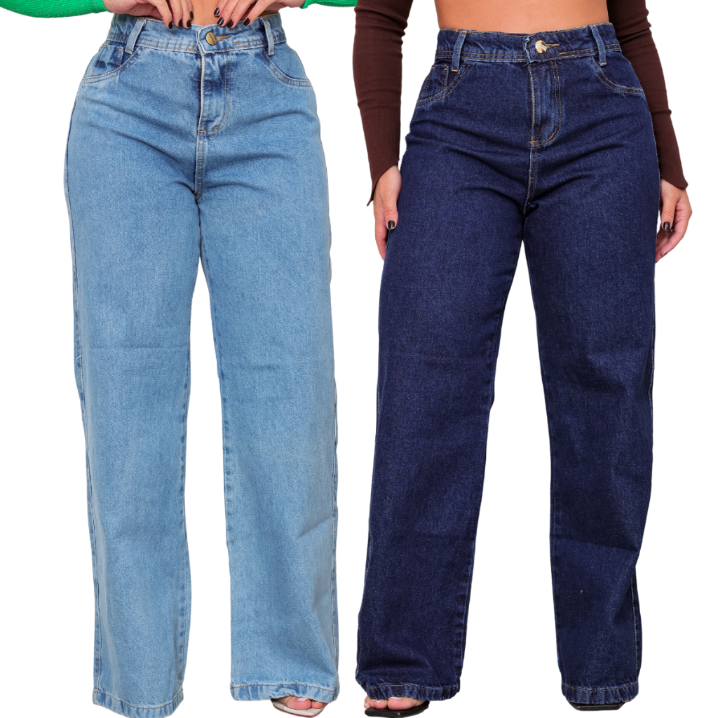 KIT COM  CALÇAS WID LEG JEANS COS ALTO LEVANTA BUMBUM SEM LAYCRA 100% ALGODÃO JEANS PREMIUM CALÇA LARGA CALÇA DE SHOP em Oferta na Shopee