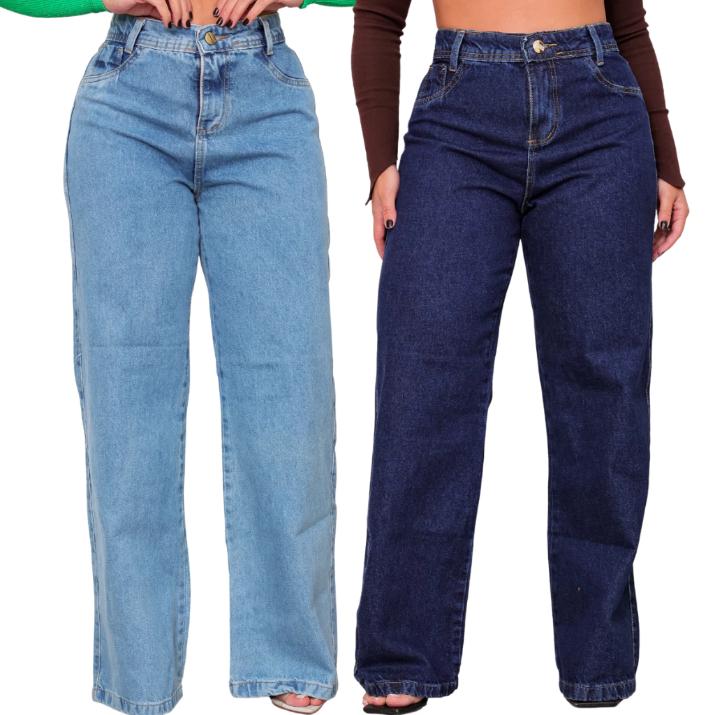 KIT COM  CALÇAS WID LEG JEANS COS ALTO LEVANTA BUMBUM SEM LAYCRA 100% ALGODÃO JEANS PREMIUM CALÇA LARGA CALÇA DE SHOP — imagem 1