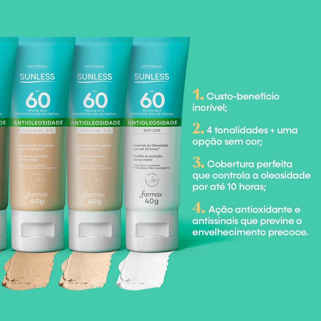 Protetor Solar Facial Antioleosidade FPS 60 com Base Efeito Matte Sunless 40g