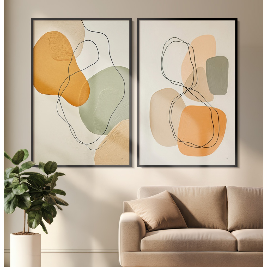 2 Quadros Decorativos COM/SEM Moldura Sala Quarto Escritório Abstrato Orgânico Linhas Laranja Verde em Oferta na Shopee