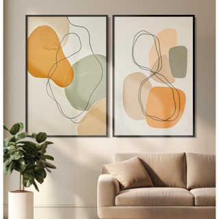 2 Quadros Decorativos COM/SEM Moldura Sala Quarto Escritório Abstrato Orgânico Linhas Laranja Verde em Oferta na Shopee