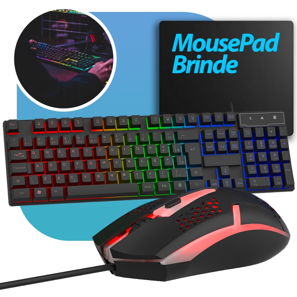 Kit Gamer Teclado Semi Mecânico Mouse Usb Óptico 1600 Dpi Rgb Abnt2 12 Teclas Multimídia Iluminação Led Rgb Com Mousepad