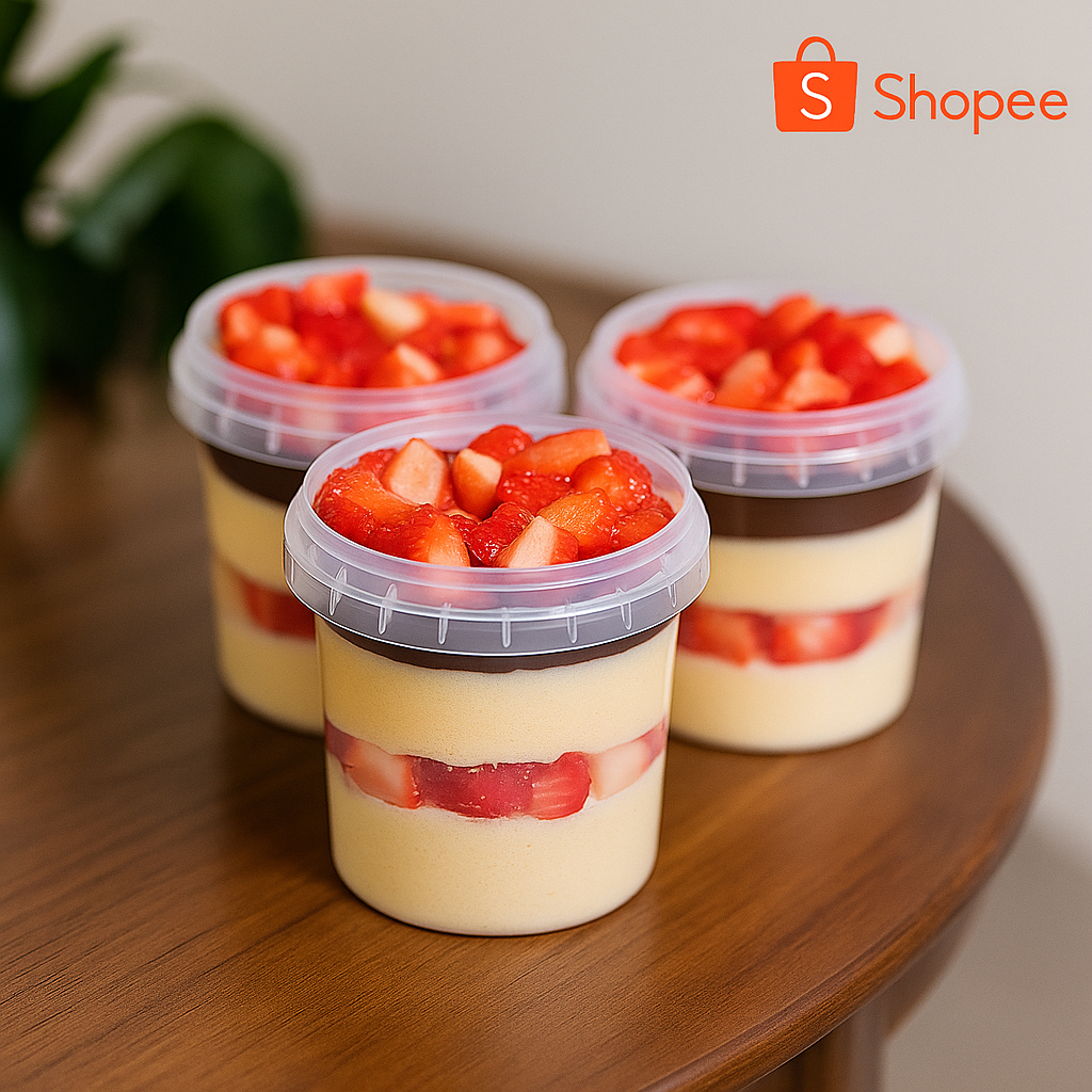 50 POTE REDONDO PLÁSTICO COM LACRE BOLO NO POTE  220ml Confeitaria Caldos Temperos Macinhas