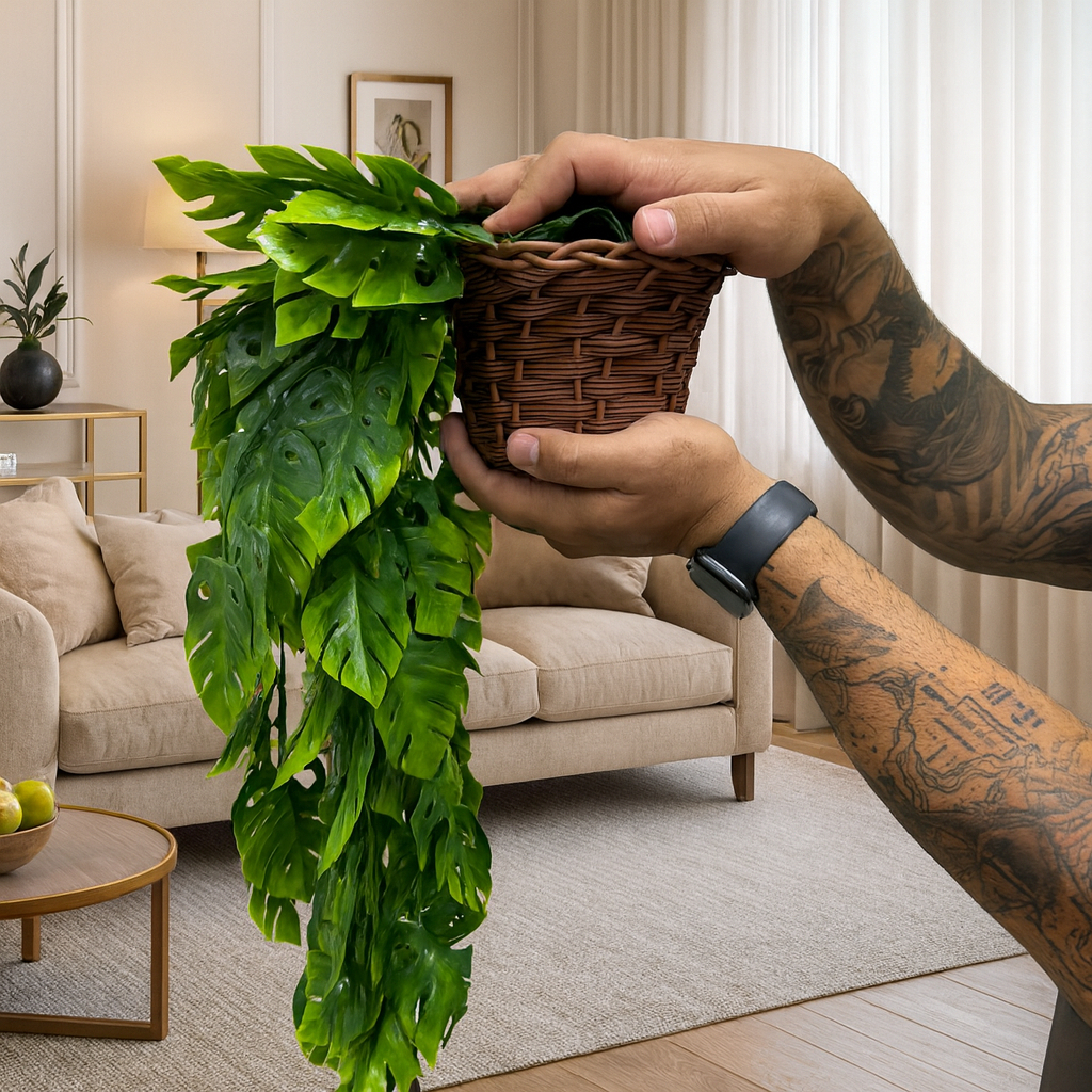 Planta Decorativa: Vasos Trançado Marrom + Pendentes Artificial Folhas De Adão