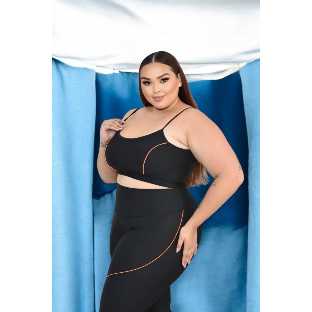 Conjunto Academia Plus Size 🖤 | Top + Legging Cintura Alta e Tecido Opaco Pé de Anjo