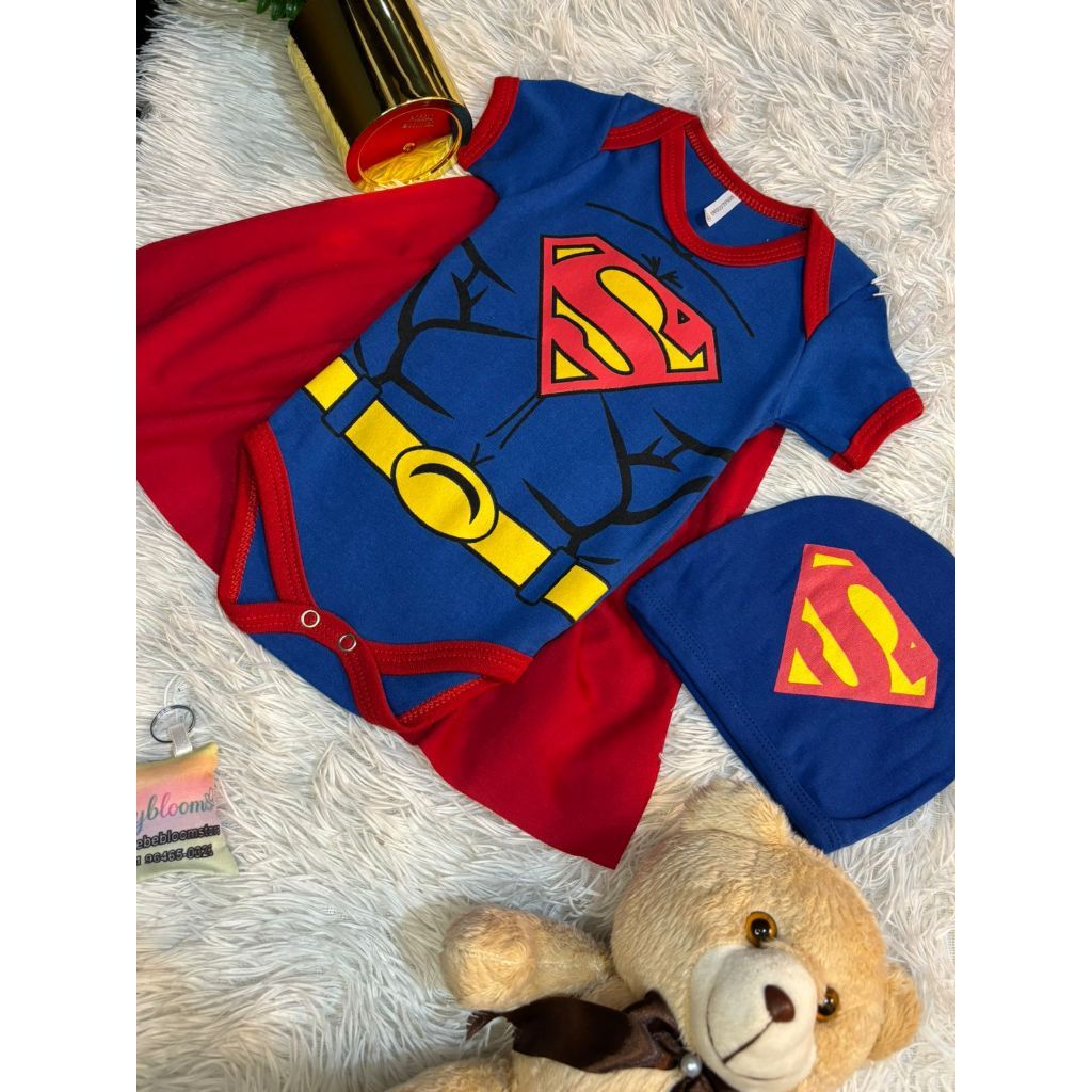 Body Bebe Fantasia Completa Superman com Touca e Capa para Bebê Conjunto Tema Super Herói + BRlNDE