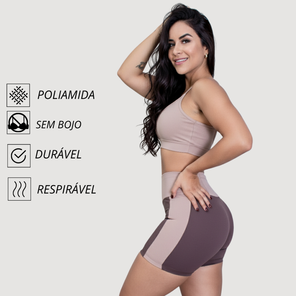 Conjunto Academia Feminino Short Cintura Alta Meia Coxa Top Alcinha Sem bojo Zero Transparência