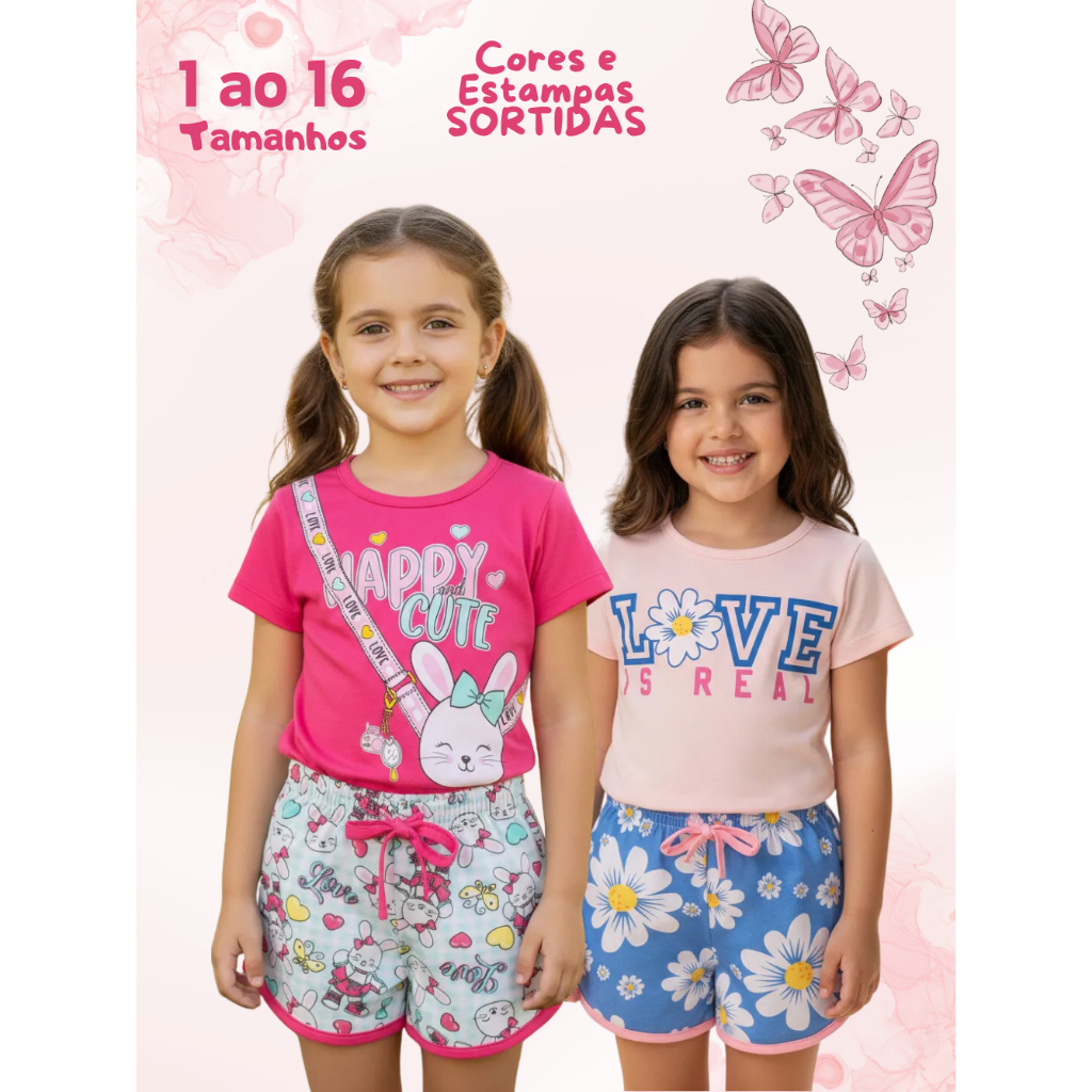Conjunto infantil Menina 2 peças BÁSICO 1 ao 16 Verão em Cotom blusa e shorts em Oferta na Shopee