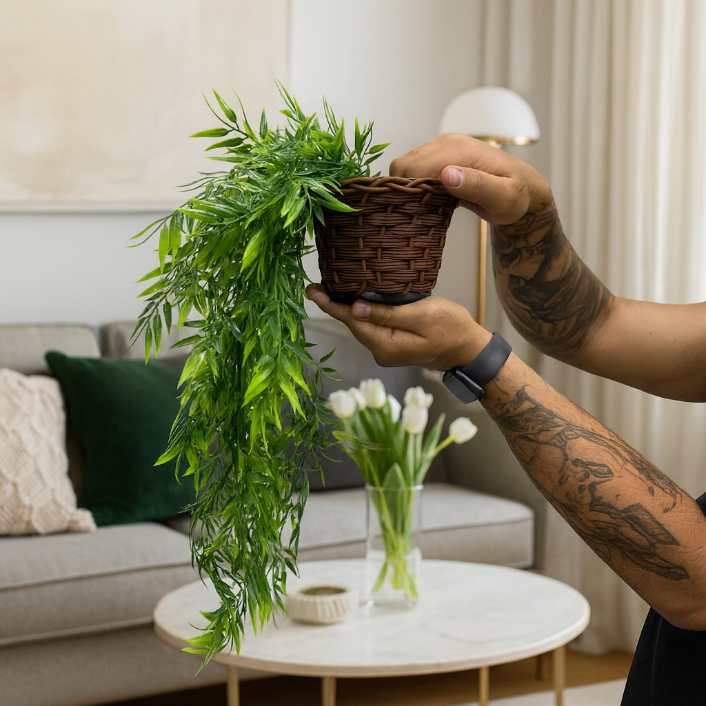 Planta Decorativa: Vasos Trançado Marrom + Pendentes Artificial Folhas De Bambu