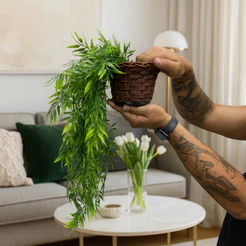 Planta Decorativa: Vasos Trançado Marrom + Pendentes Artificial Folhas De Bambu