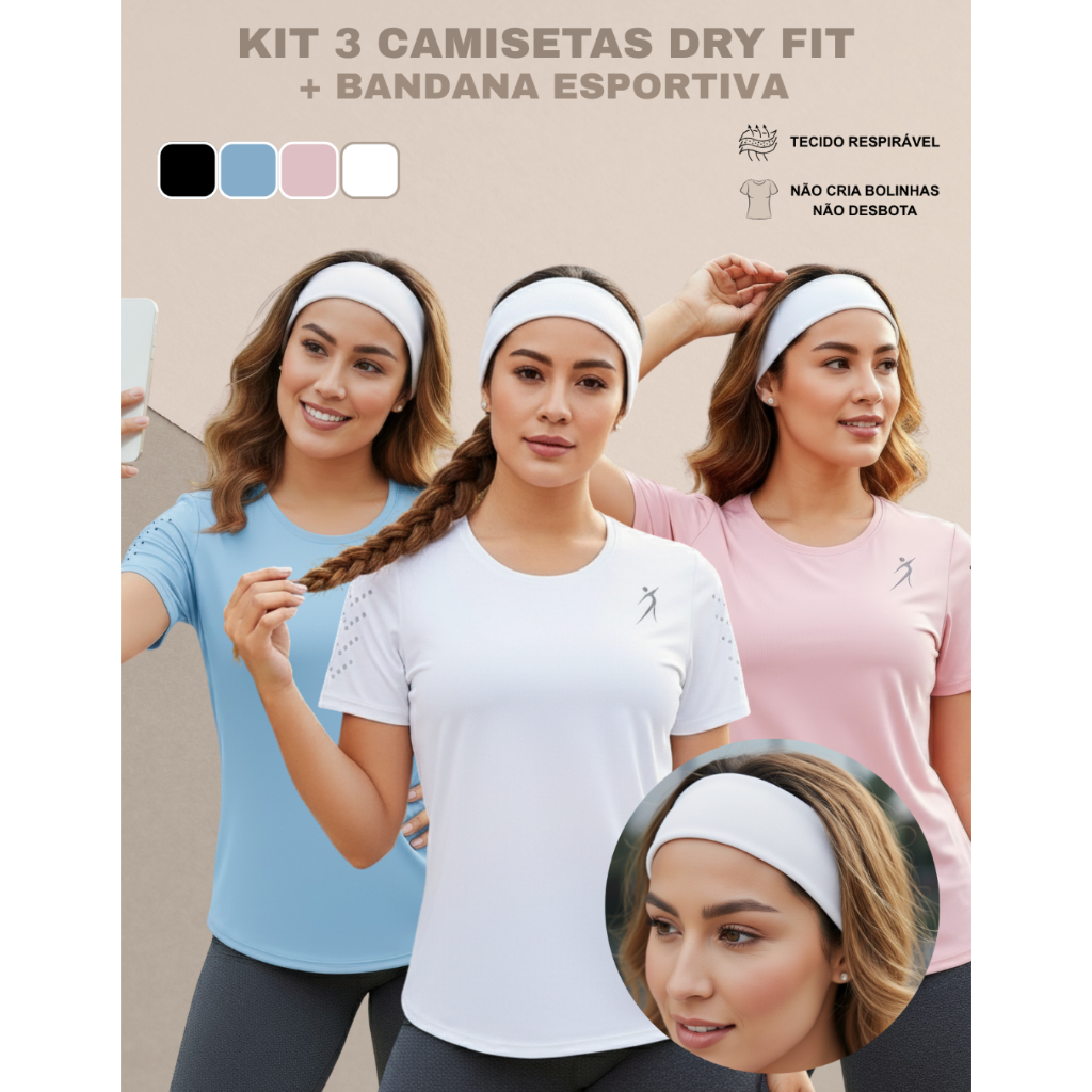 Kit 3 Camisetas Femininas Dry Fit Academia Fitness Corrida Esportes Caminhada Poliéster Premiu
