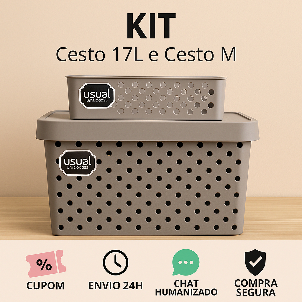 Kit Cesto Multiuso Caixa Com Tampa 17 Litros + Cesto M 24,2 x 19 x 6,5 Cores Disponíveis Variação