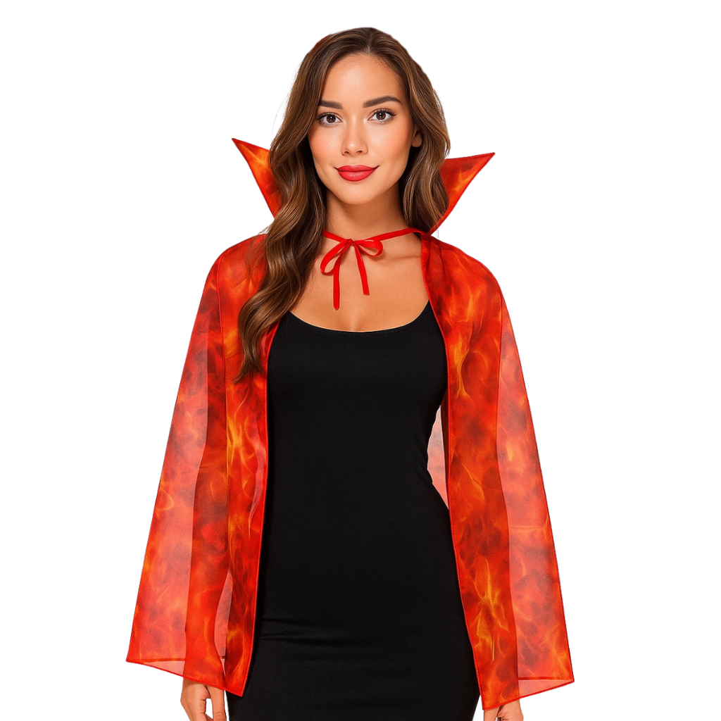 Capa com Estampa de Fogo e Gola Alta  Fantasia Festa Carnaval