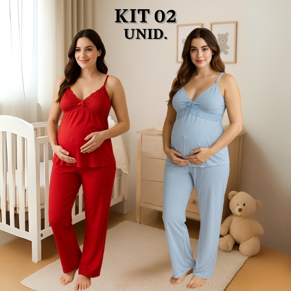 KIT 02 Pijamas Amamentação com Renda e Blusa abertura em Click Alça Reforçada e CALÇA Maternidade.
