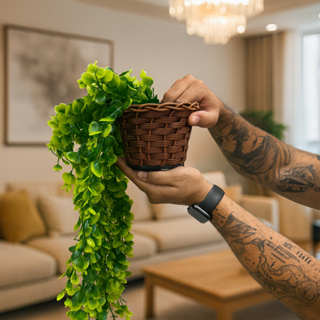 Kit Planta Decorativa: Vaso Trançado Marrom + 1 Pendente Artificial Folhas De Eucalipto em Oferta na Shopee