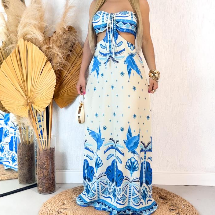 Vestido Feminino Longo Estampado Com Bojo Cintura Alta Verão Floral