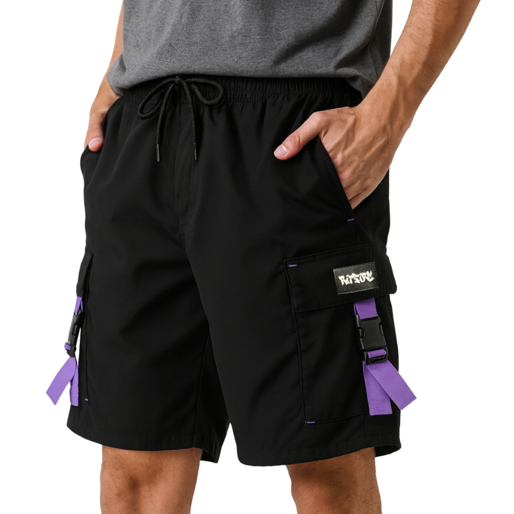 Bermuda Cargo Tactel com Elastano Bolsos Laterais Fivela Roxa Street Techwear Lançamento em Oferta na Shopee
