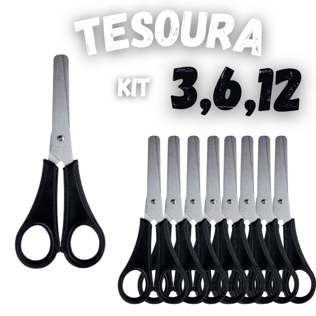 Tesoura Escolar Preta Inox 13cm Kit com 3 6 12 Unidades Corte Preciso Durável e Ergonômico em Oferta na Shopee