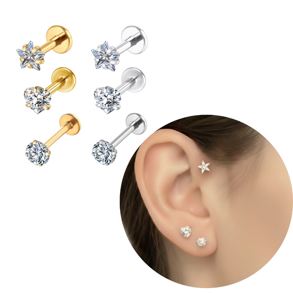 Piercings Ponto de Luz Minimalista Helix Conch Traith Orelha Coração Estrela Anti Alérgico Acessórios Femininos