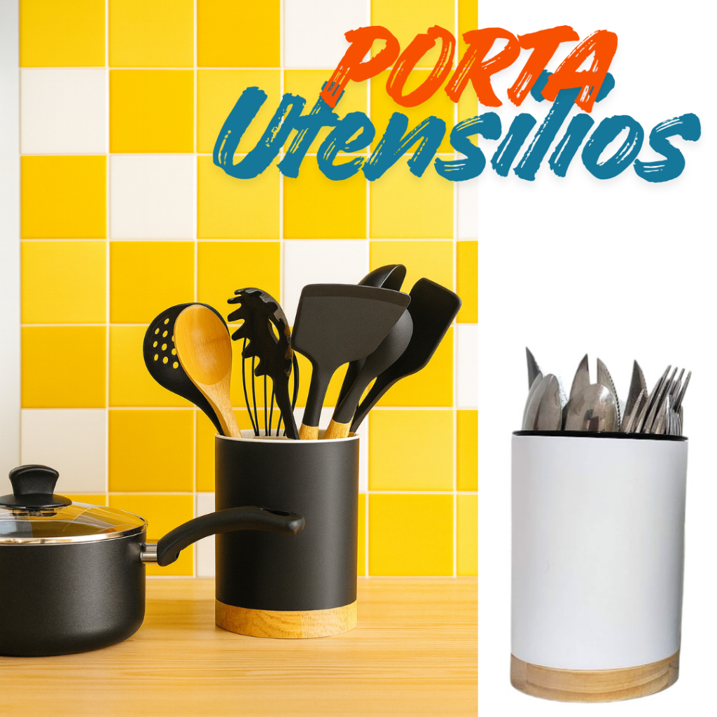 Porta Utensílios de Cozinha Premium - Madeira & Plástico Organizador de Utensílios Suporte