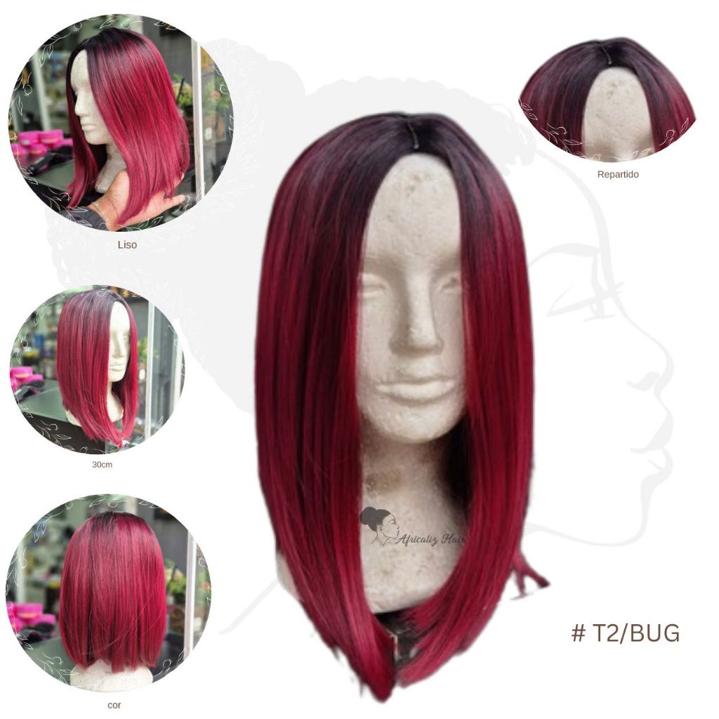 Lace Wig Chanel Curta 28cm - Cor Ombré Ruivo 1B/BUG fibra Premium