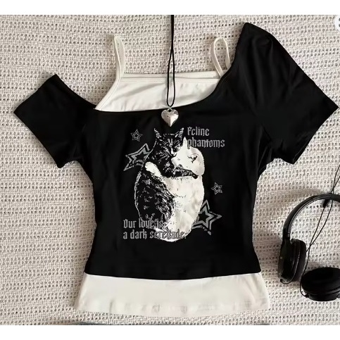 Blusa branca Gato com Guitarra detalhe preto gatinho y2k aesthetic estampada estampa gatos yinyang