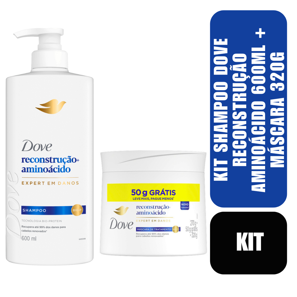 Kit Shampoo Dove Reconstrução Aminoácido 600ml + Máscara 320g em Oferta na Shopee