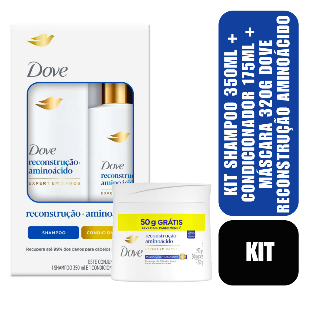 Kit Shampoo 350ml + Condicionador 175ml + Máscara 320g Dove Reconstrução Aminoácido em Oferta na Shopee