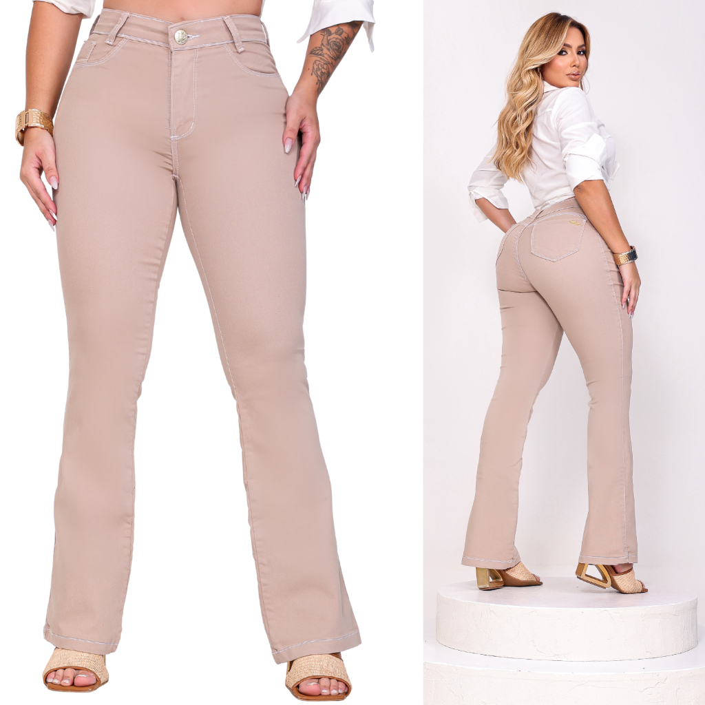 Calça Flare Bege Claro Feminina Boca de sino Curve Cintura Alta Modeladora Com lycra Premium Brim