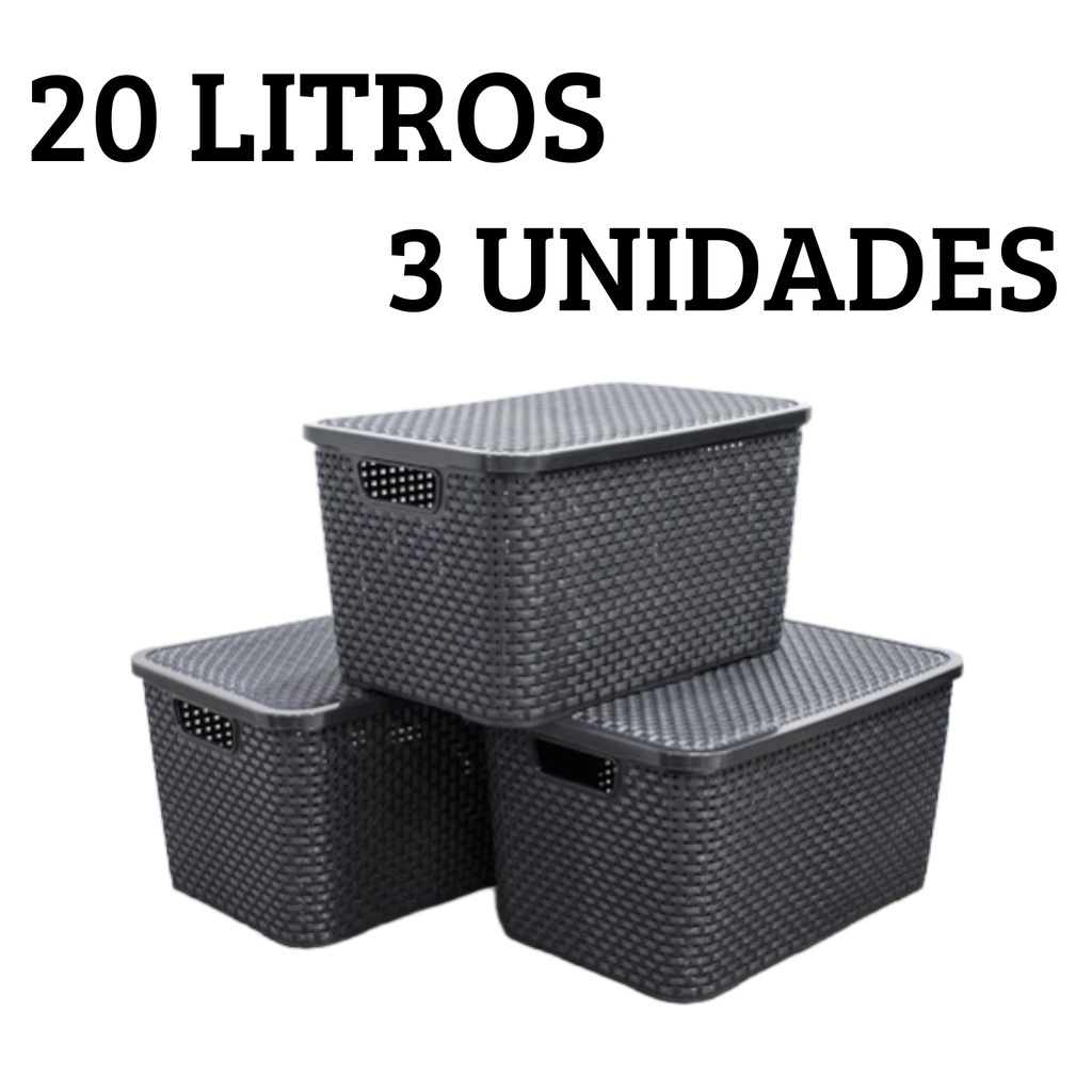 Caixa Organizadora 20 Litros Rattan Com Tampa Multiuso Roupa Brinquedo Lavanderia Ferramentas
