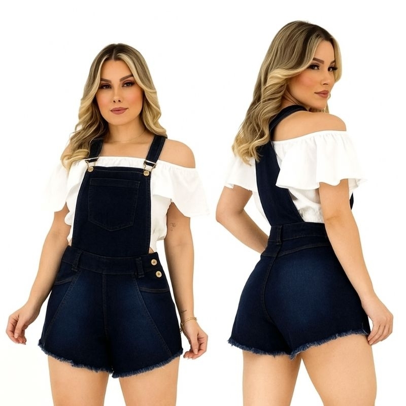 Jardineira jeans short curto godê