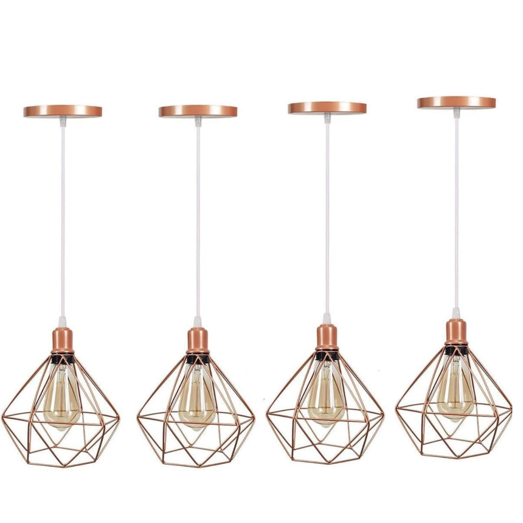 kit 4 Pendente Lustre Luminária Aramado Diamante Rose Gold