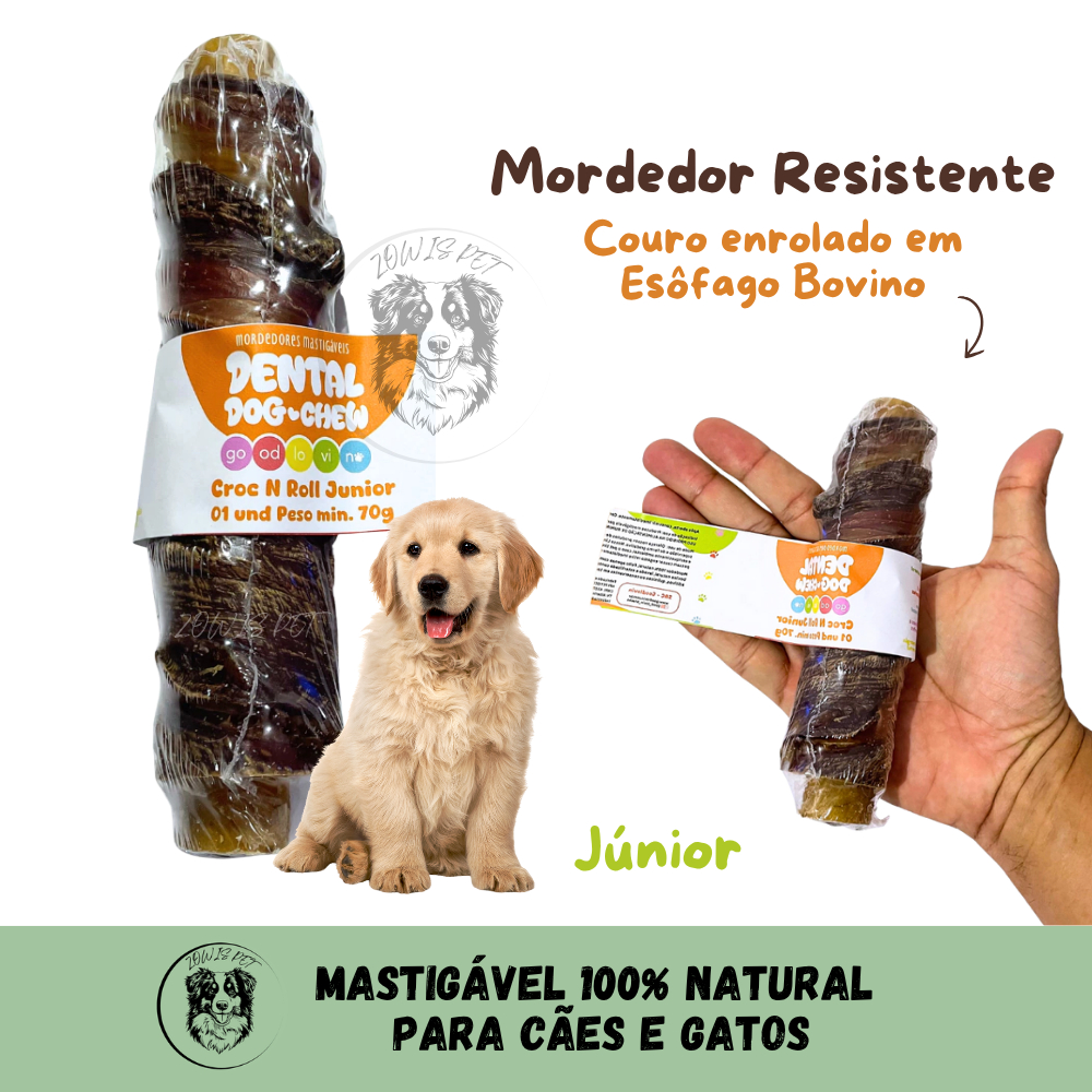 Mordedor Dental Croc n Roll Junior para Cães Natural Couro e Esôfago Bovino – Good Lovin