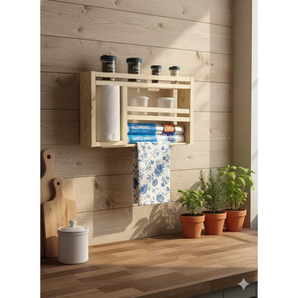 Suporte Porta tempero cozinha condimentos organizador porta papel toalha filme aluminio parede madeira