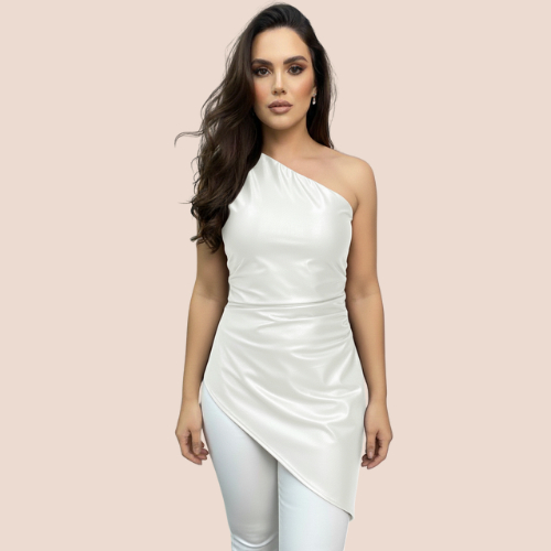 Blusa Feminina Elegante Tecido Cetim com Elastsano Manga Mula Manca verão Coleção Natal Ano Novo