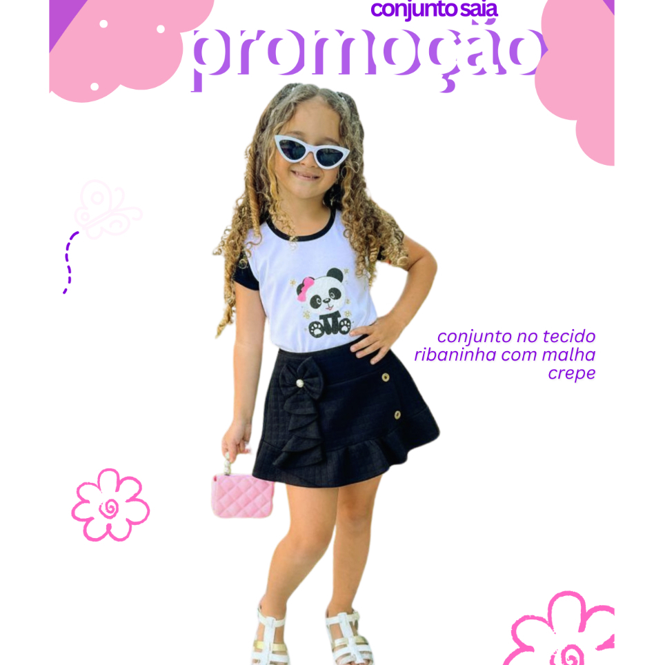 Conjunto Infantil Menina Blogueirinha Verão Regata Estampada + Short SAIA Crepe Lacinho – 2 a 6 Anos