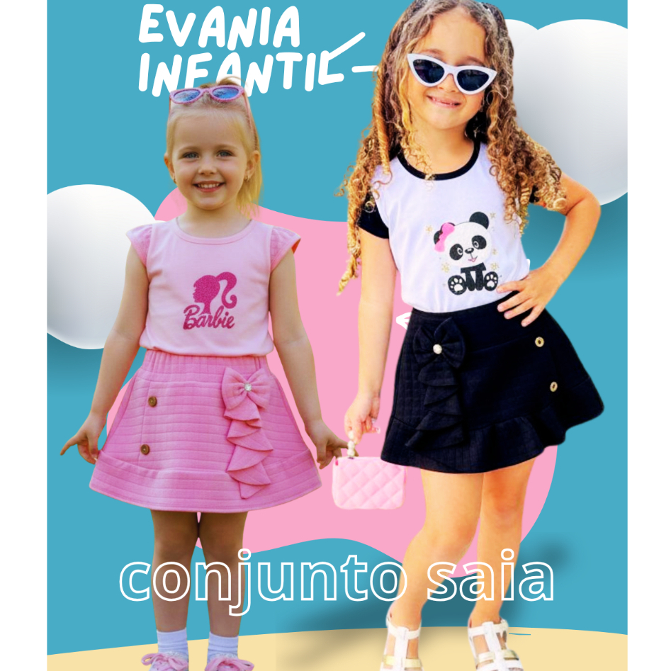 Conjunto Infantil Feminino Menina Regata com Short Saia em Malha Crepe Estampado – Tamanhos 2 a 6 Anos