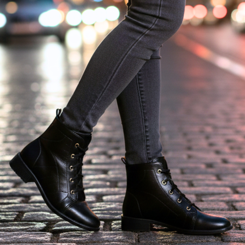 Bota Coturno Feminina Preto Estilo Blogueira Solado Baixo Confort Tendência 2025