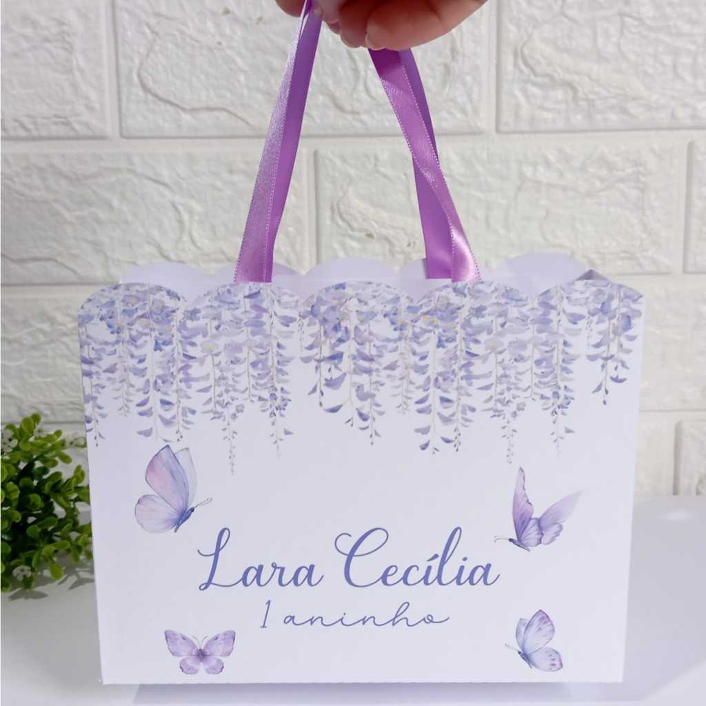PEGUE E MONTE - Sacolinha Surpresa Personalizada Floral - Jardim das Borboletas - Lilás  Lembrancinha