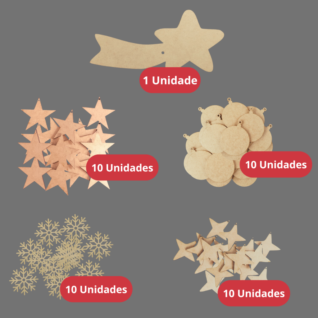 Kit Decoração Natal 41 Peças Bolinha Estrela Floco De Neve Bolas Enfeite Arvore de Natal em Mdf Cru