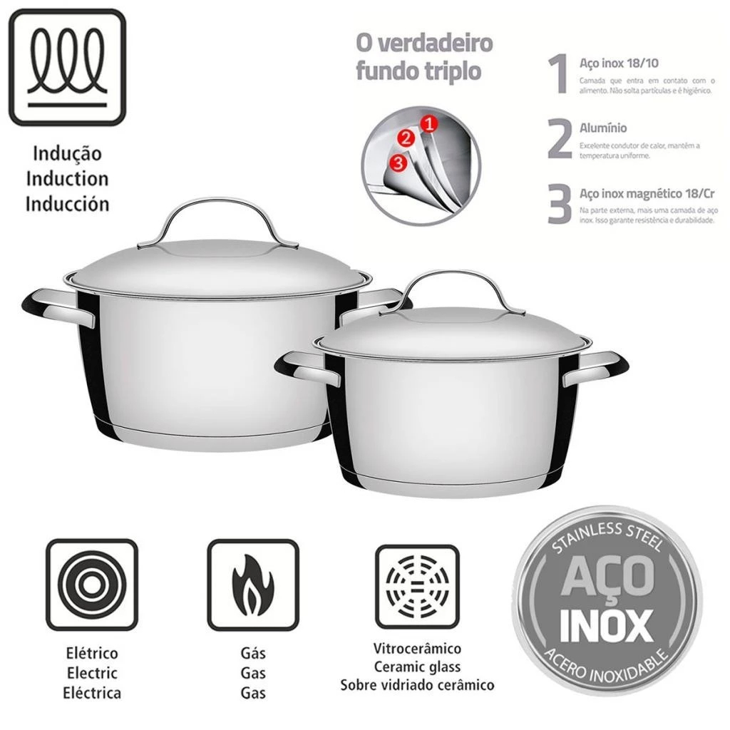 Jogo de Panelas Caçarola Tramontina Allegra em Aço Inox com Fundo Triplo 2 peças indução em Oferta na Shopee