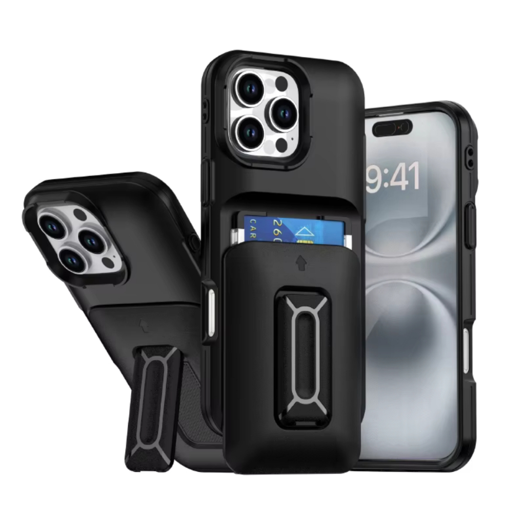 Capa Capinha Armor Anti Shock Porta 2 Cartão iPhone 11, 13, 14, 15, 16, 16e, Pro e Pro Max + Suporte Traseiro