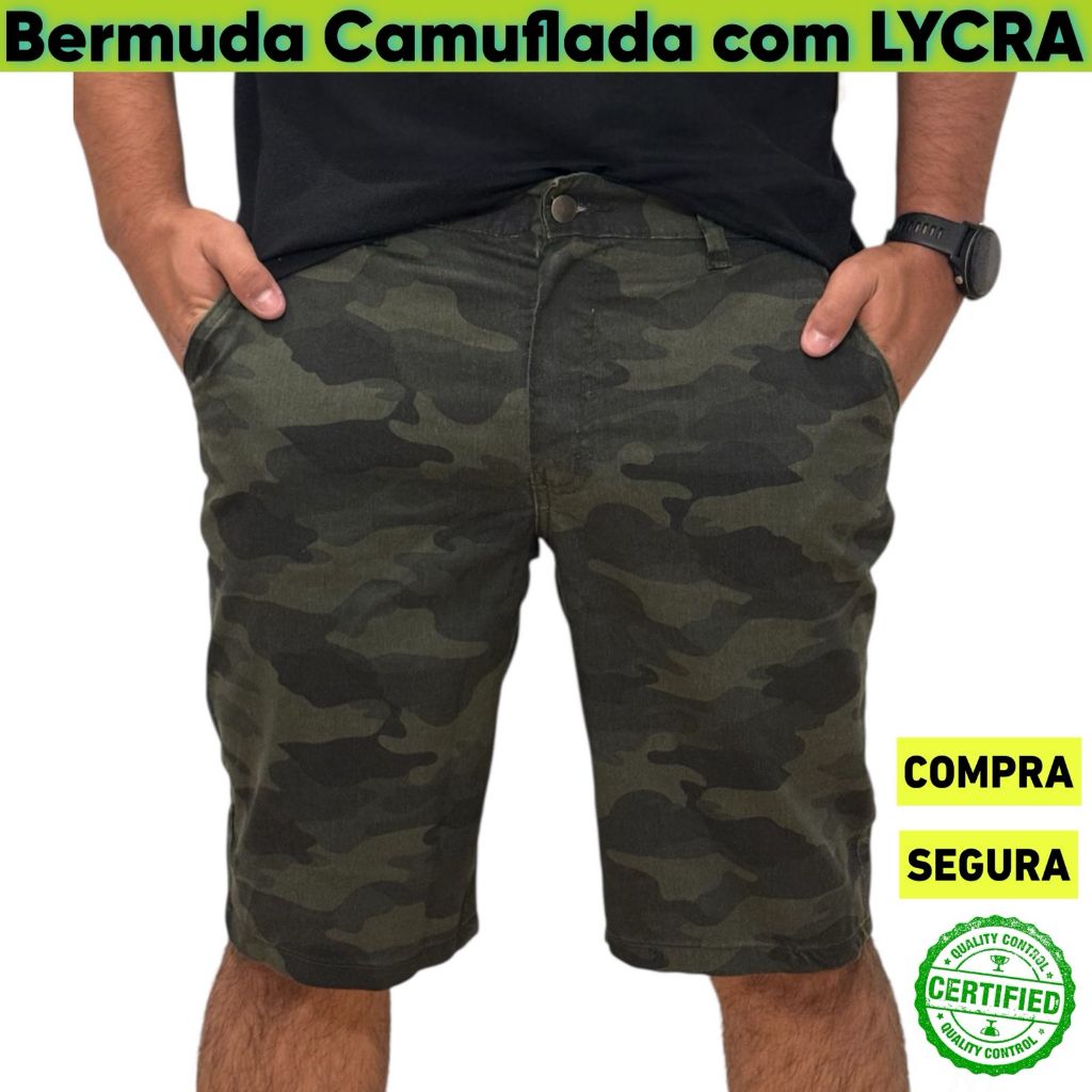 Bermuda Masculina Camuflada Verde Militar Streetwear Com Lycra Premium Americana Lançamento