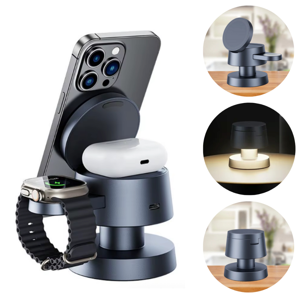 Base Carregador Sem Fio Indução Dock Station Para iPhone Watch Airpod Compatível com Magasfe Rápido