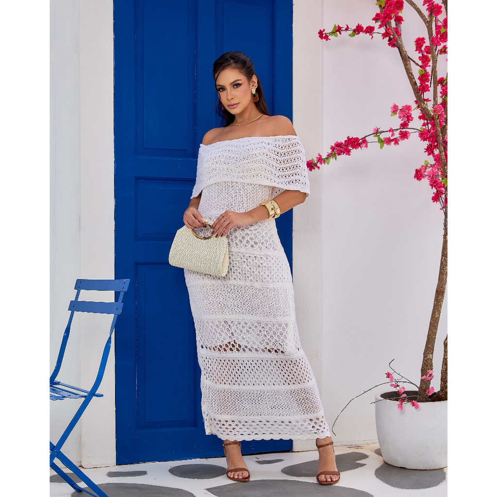 Vestido Longo Feminino Linha Tricot Verão Rendado Elegante Ombro a Ombro em Oferta na Shopee