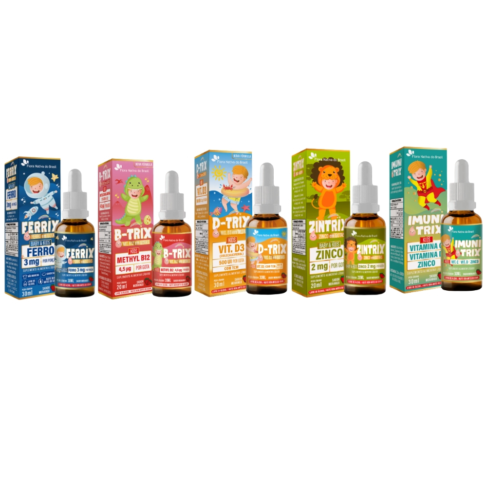 Ferrix + B-trix + D-trix +zintrix +imunitrix - kids Flora Nativa Sabor Morango Infantil